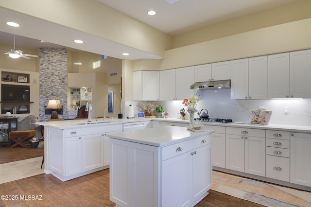 kitchen featuring under cabinet range hood, a peninsula, wood finished floors, a sink, and light countertops