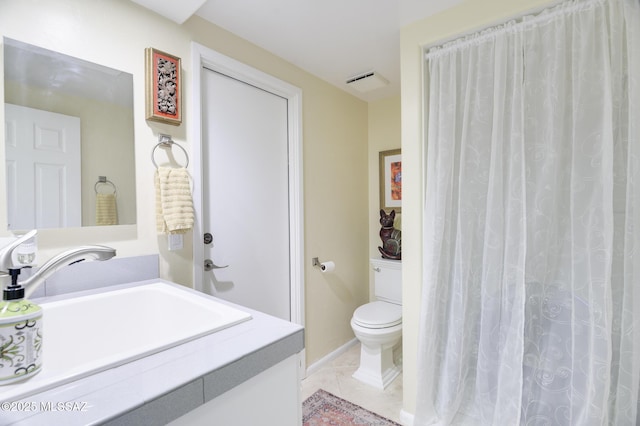 full bath with visible vents, tile patterned flooring, vanity, and toilet