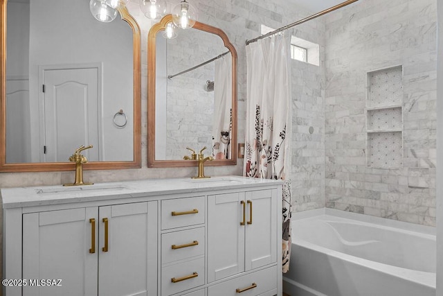 full bathroom featuring vanity, wood finished floors, shower / bathtub combination with curtain, and toilet