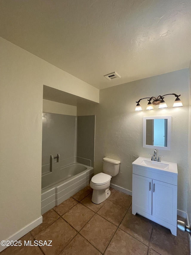 bathroom with visible vents, toilet, vanity, tile patterned flooring, and a bath