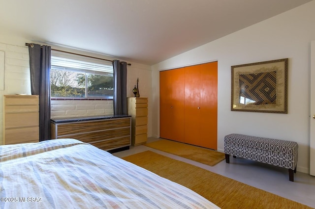 bedroom featuring lofted ceiling and a closet