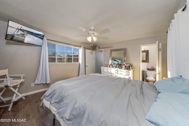 bedroom with ceiling fan, visible vents, baseboards, and dark wood finished floors