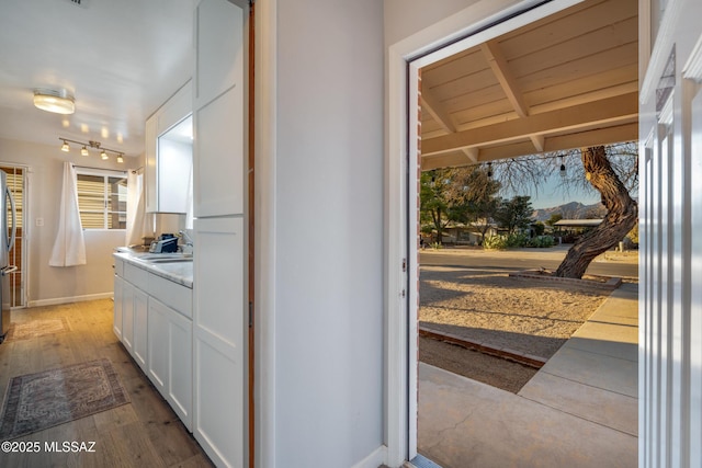 interior space with a sink, baseboards, and wood finished floors