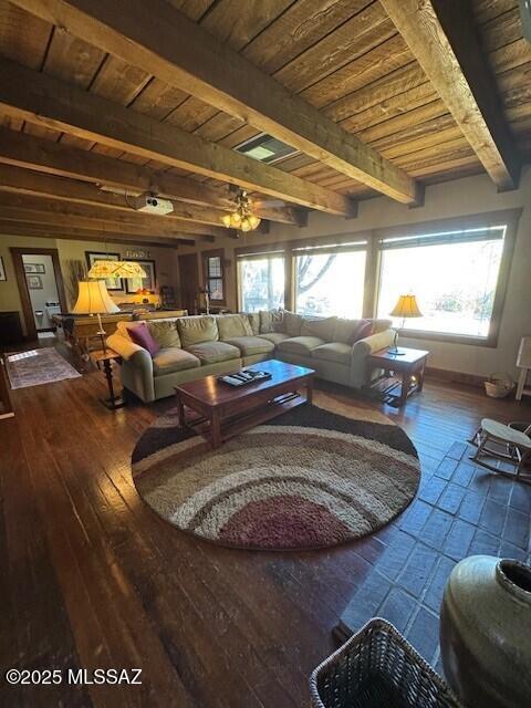 living room with wooden ceiling, beam ceiling, and wood finished floors