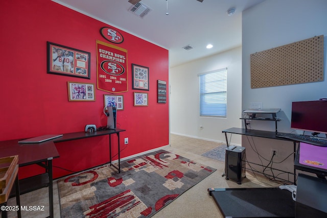 office space with baseboards, ceiling fan, visible vents, and recessed lighting