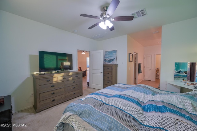 bedroom featuring light carpet, ceiling fan, and visible vents