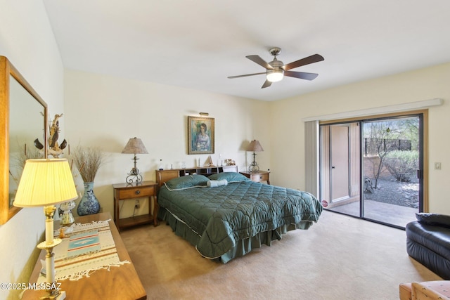 bedroom with access to exterior, carpet floors, and ceiling fan