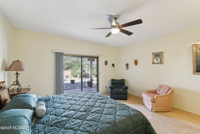 bedroom with baseboards, ceiling fan, carpet flooring, and access to outside