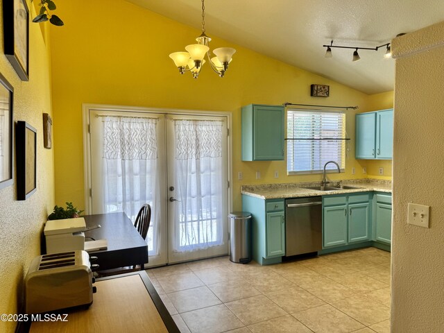 kitchen with a sink, green cabinets, vaulted ceiling, french doors, and dishwasher