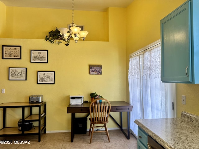 office space with baseboards, light tile patterned floors, and a notable chandelier