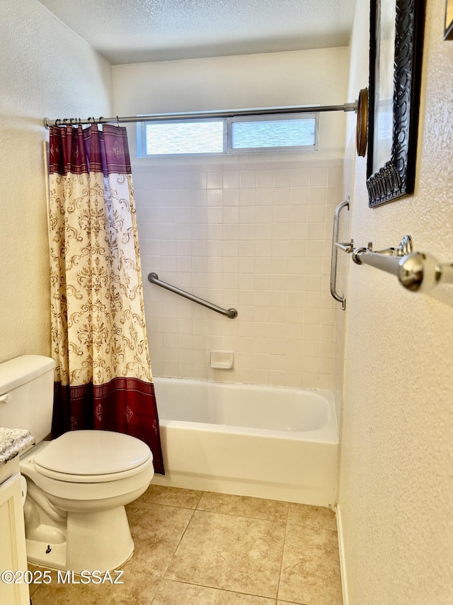 bathroom with shower / tub combo with curtain, a textured wall, toilet, a textured ceiling, and tile patterned floors