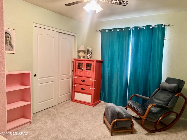 sitting room with ceiling fan and carpet floors