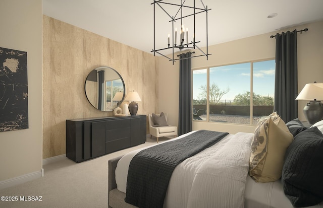 bedroom with baseboards, carpet floors, and a chandelier