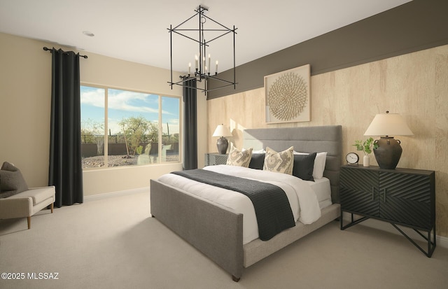 carpeted bedroom featuring a notable chandelier