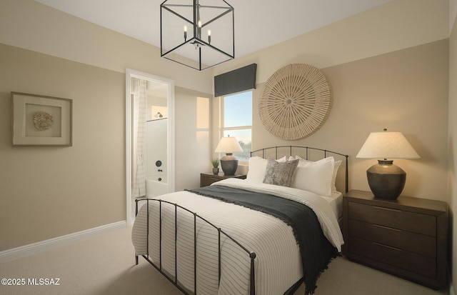 bedroom with carpet flooring, baseboards, a notable chandelier, and ensuite bath