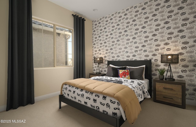 carpeted bedroom with baseboards and wallpapered walls