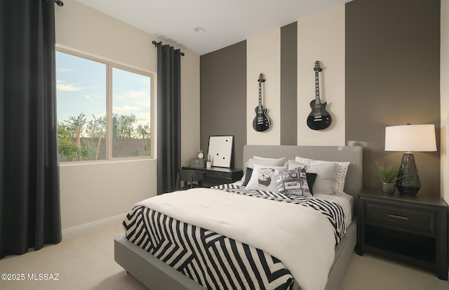 bedroom featuring baseboards, light colored carpet, and multiple windows