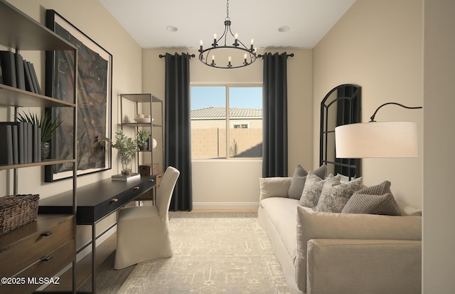 home office with baseboards, wood finished floors, and a notable chandelier