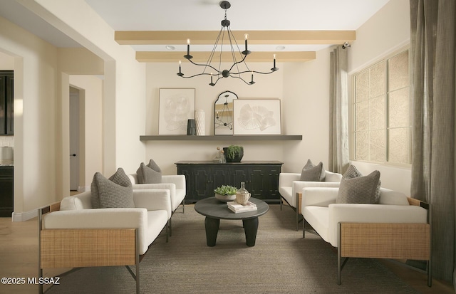 sitting room featuring wood finished floors, beam ceiling, and a notable chandelier