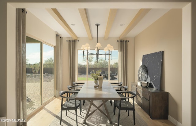 dining area featuring a healthy amount of sunlight, an inviting chandelier, light wood finished floors, and beam ceiling