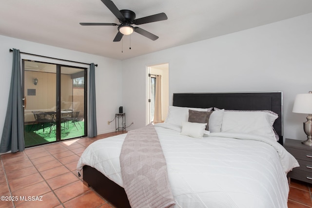 bedroom featuring access to exterior, light tile patterned flooring, and a ceiling fan