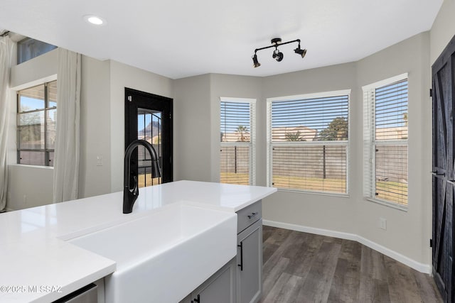 kitchen with a healthy amount of sunlight, light countertops, dark wood finished floors, and gray cabinetry