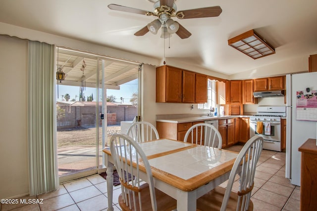 dining space with light tile patterned floors, a ceiling fan, and a wealth of natural light