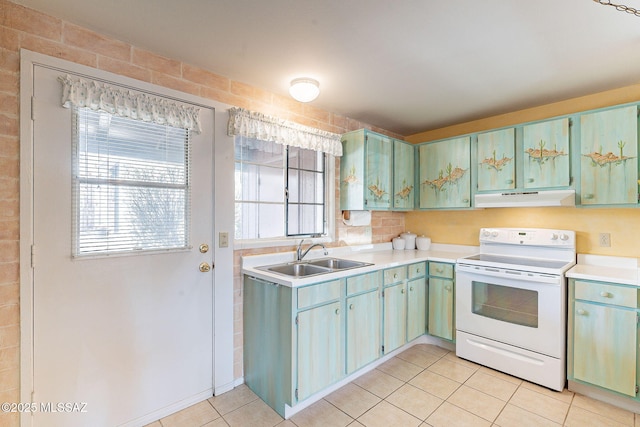 kitchen with a sink, under cabinet range hood, plenty of natural light, and white range with electric cooktop