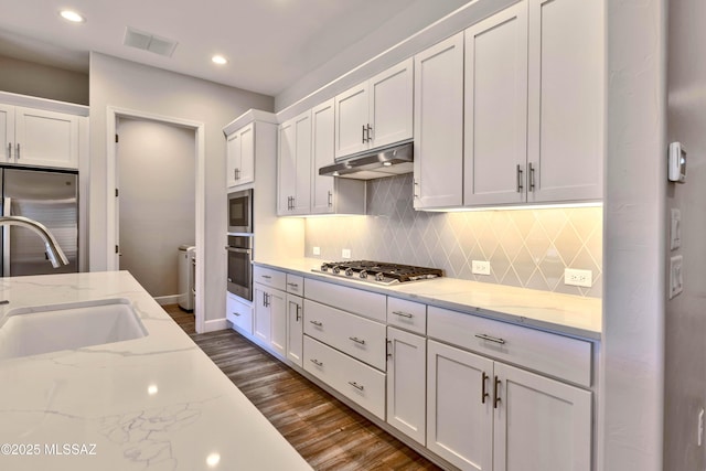 30776 S Sand Hurst Ln, Oracle, AZ 85623 - kitchen with under cabinet range hood, stainless steel appliances, white cabinetry, a sink, and recessed lighting