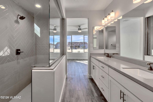 30776 S Sand Hurst Ln, Oracle, AZ 85623 - full bath featuring walk in shower, double vanity, ceiling fan, and baseboards