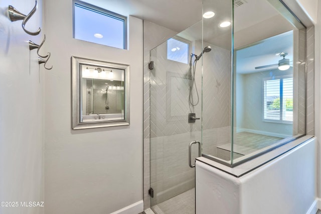 30776 S Sand Hurst Ln, Oracle, AZ 85623 - full bath featuring a stall shower, baseboards, and recessed lighting