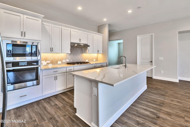 30776 S Sand Hurst Ln, Oracle, AZ 85623 - kitchen with appliances with stainless steel finishes, a sink, dark wood finished floors, white cabinetry, and backsplash