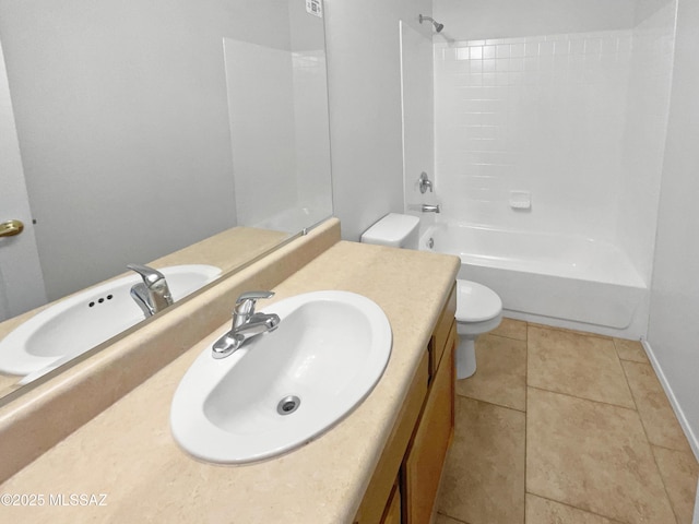 bathroom featuring shower / tub combination, vanity, toilet, and tile patterned floors