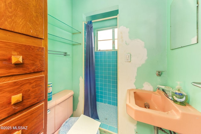 full bathroom with toilet, a shower stall, and a sink