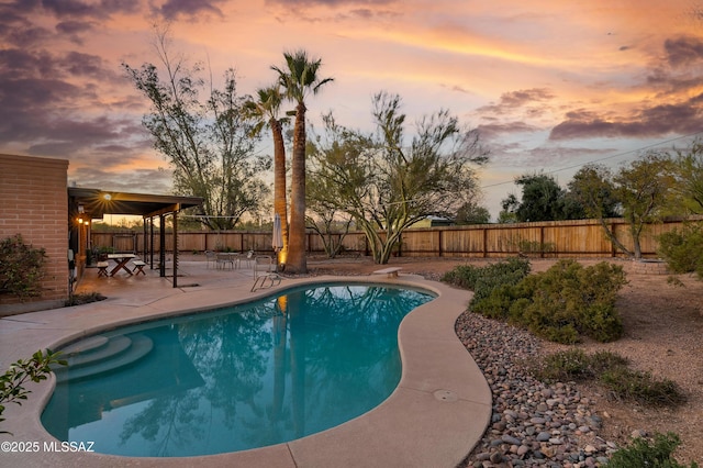 view of pool featuring a fenced in pool, a patio area, a fenced backyard, and a diving board