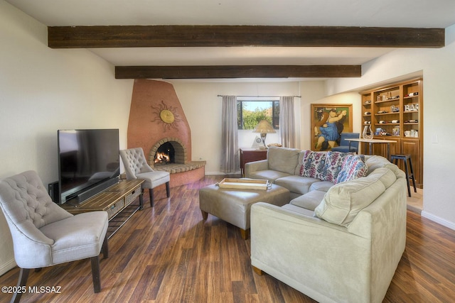 10931 E Via Tranquilla, Tucson, AZ 85749 - living area featuring wood finished floors, a brick fireplace, and beam ceiling