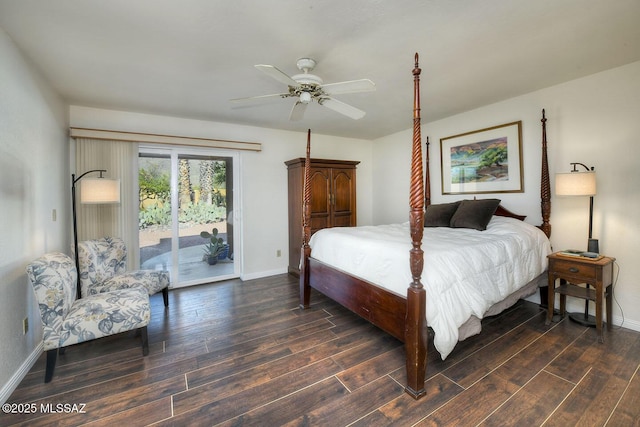 10931 E Via Tranquilla, Tucson, AZ 85749 - bedroom featuring access to outside, dark wood-style flooring, and ceiling fan
