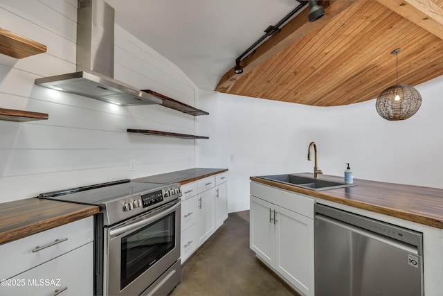 kitchen featuring appliances with stainless steel finishes, island exhaust hood, white cabinetry, open shelves, and wooden counters