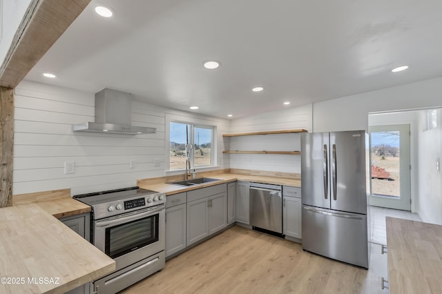 kitchen featuring wall chimney exhaust hood, butcher block counters, appliances with stainless steel finishes, open shelves, and a sink