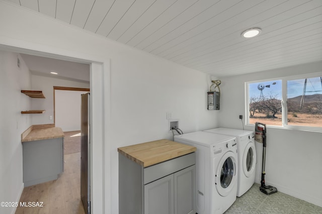 washroom featuring cabinet space, wood ceiling, independent washer and dryer, electric water heater, and light wood-type flooring