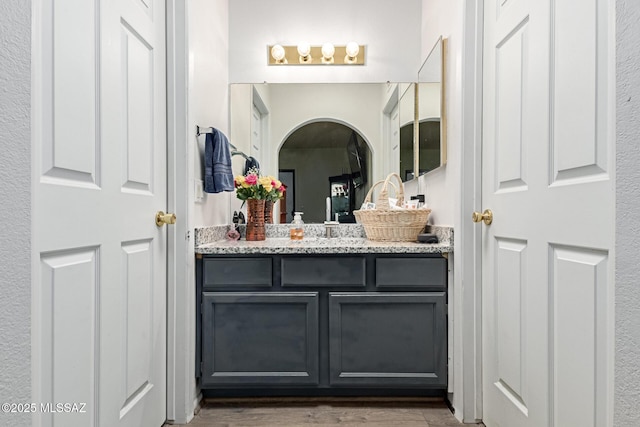 bathroom with wood finished floors and vanity