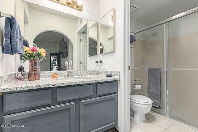 full bathroom with toilet, a shower stall, vanity, and tile patterned floors