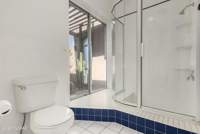 bathroom featuring toilet, tile patterned flooring, a shower stall, and tile walls