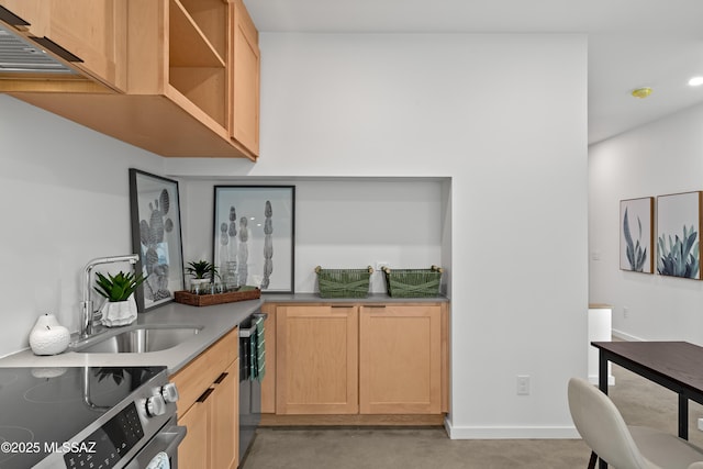 kitchen featuring electric stove, light brown cabinetry, finished concrete floors, a sink, and baseboards