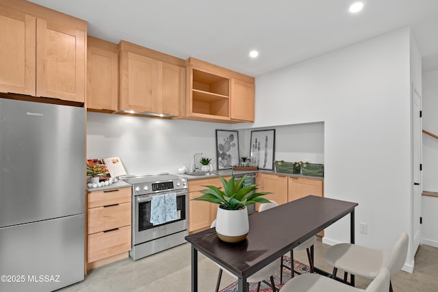 kitchen with recessed lighting, stainless steel appliances, open shelves, a sink, and light brown cabinetry