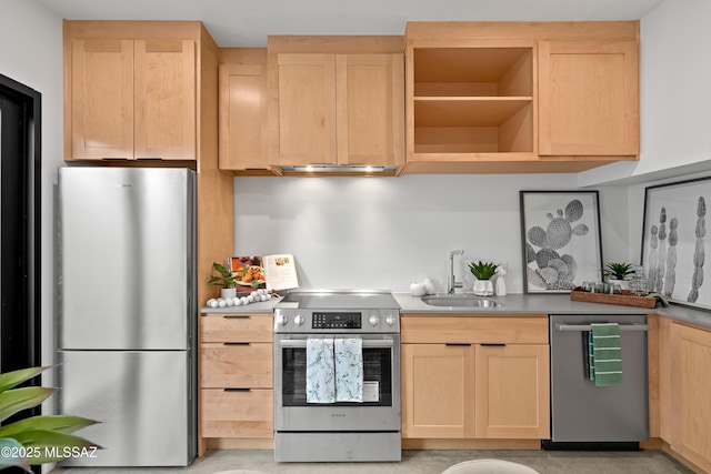 kitchen with light brown cabinets, appliances with stainless steel finishes, a sink, and exhaust hood