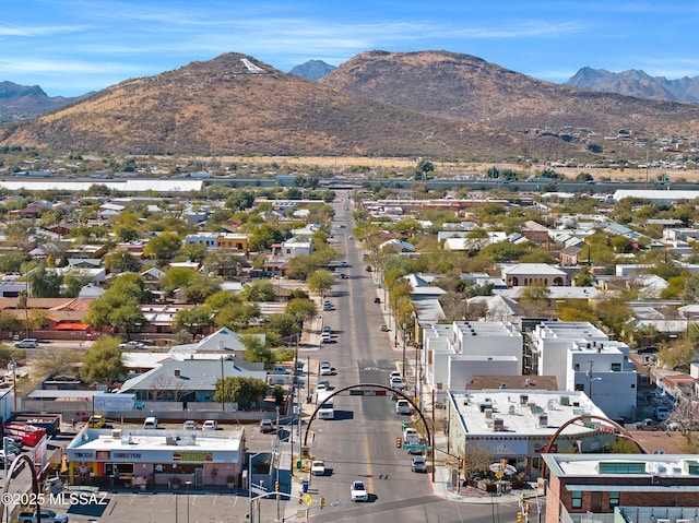 drone / aerial view featuring a mountain view