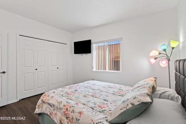 bedroom featuring dark wood-style floors and a closet