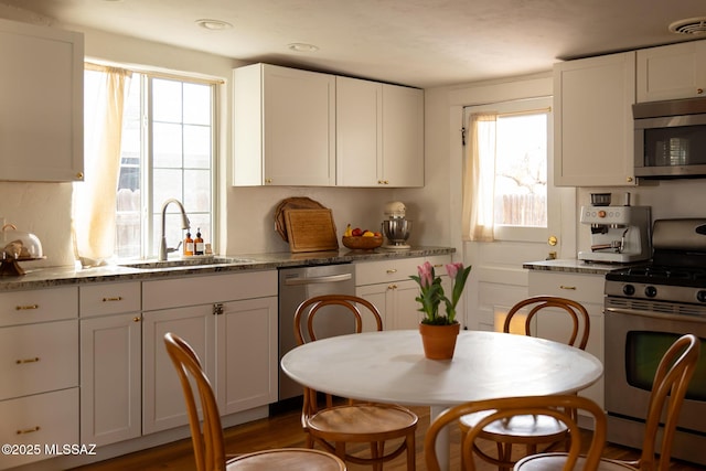 kitchen featuring white cabinets, a healthy amount of sunlight, appliances with stainless steel finishes, and a sink