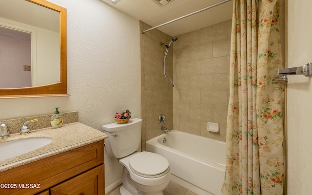 full bathroom featuring toilet, a textured wall, shower / bath combination with curtain, and vanity